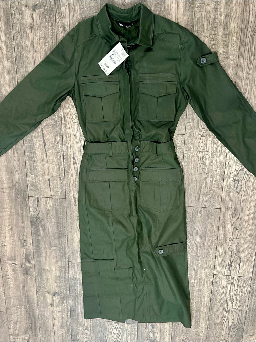 Zara Dress Womens XS Green Waxed Cotton Long Sleeve Maxi NWT